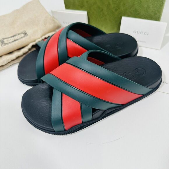 Gucci Agrado 37/ US 7 Rubber Web Slide Sandal Black Green Red Crisscross NIB - Picture 4 of 7